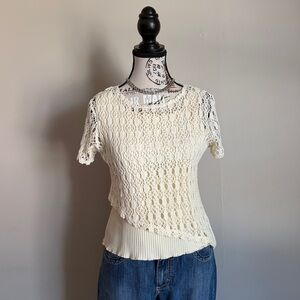 vintage cream crochet boho layered short sleeve top